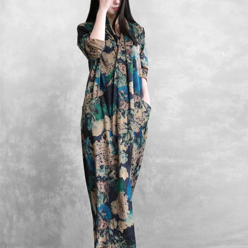 Vivid asymmetric pockets cotton Tunics design blue print Maxi Dress fall