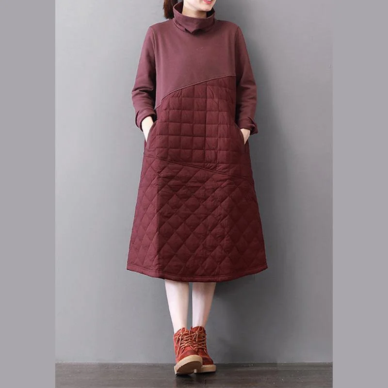 Vivid burgundy cotton clothes Women high neck patchwork Maxi Dresses