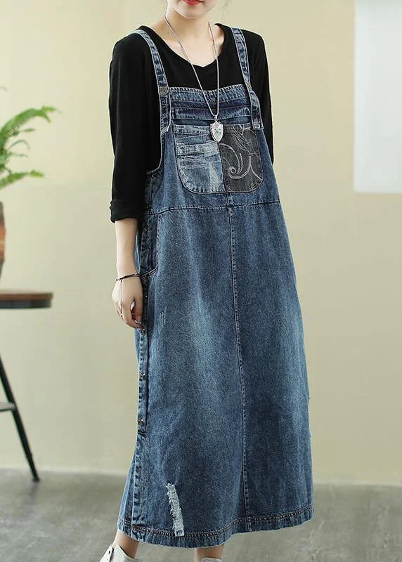 Vivid denim blue tunic dress Slash neck Hole Maxi Dress