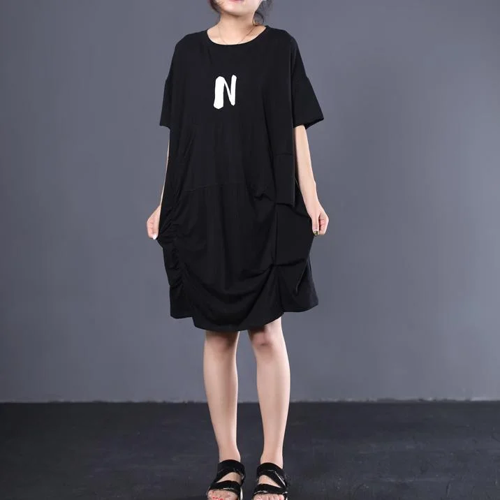 Vivid wrinkled cotton quilting clothes Catwalk black alphabet Maxi Dresses summer