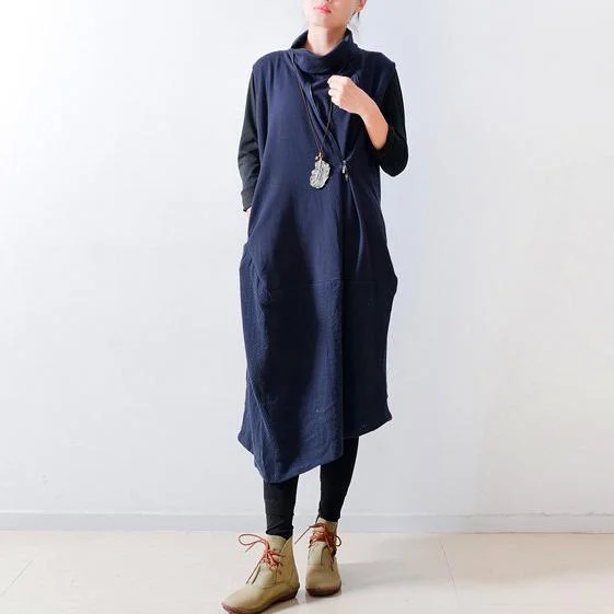 warm fall outfits autumn blue patchwork cotton dresses oversize casual asymmetric maxi dress