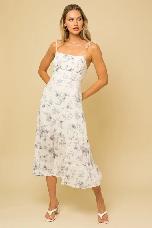 White Floral Sleeveless Back Smocking Slit Maxi Dress Fashionable Off-Shoulder Maxi Dress