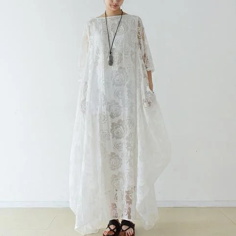 White lace flowy chiffon maxi dresses oversize chiffon dress beach dressses caftans