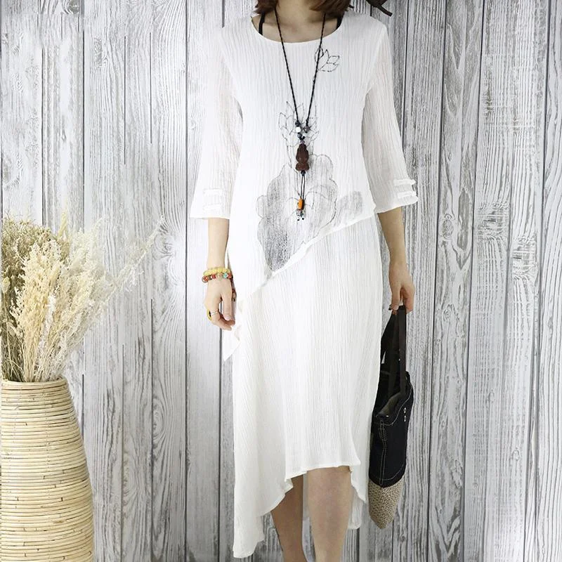 White layered summer dress linen maxi dresses half sleeve traveling clothing