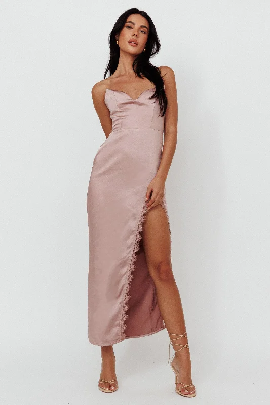 Winter Moon Strapless Lace Trim Midi Dress Dusty Pink