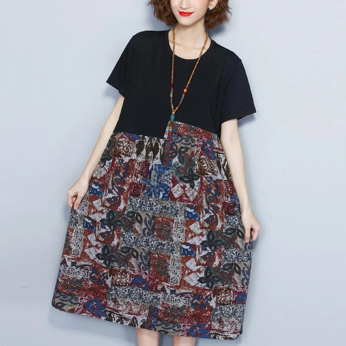 women black cotton shift dress oversized cotton maxi dress vintage prints patchwork short sleeve natural dress