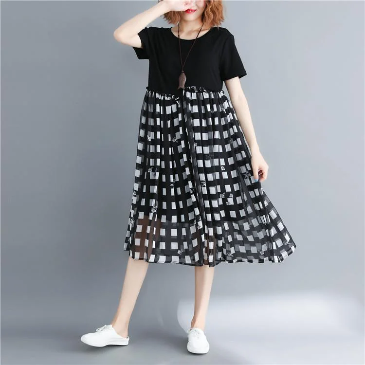 Women Black Maxi Dresses O Neck Short Sleeve Patchwork Plaid Summer Dress ( Limited Stock)