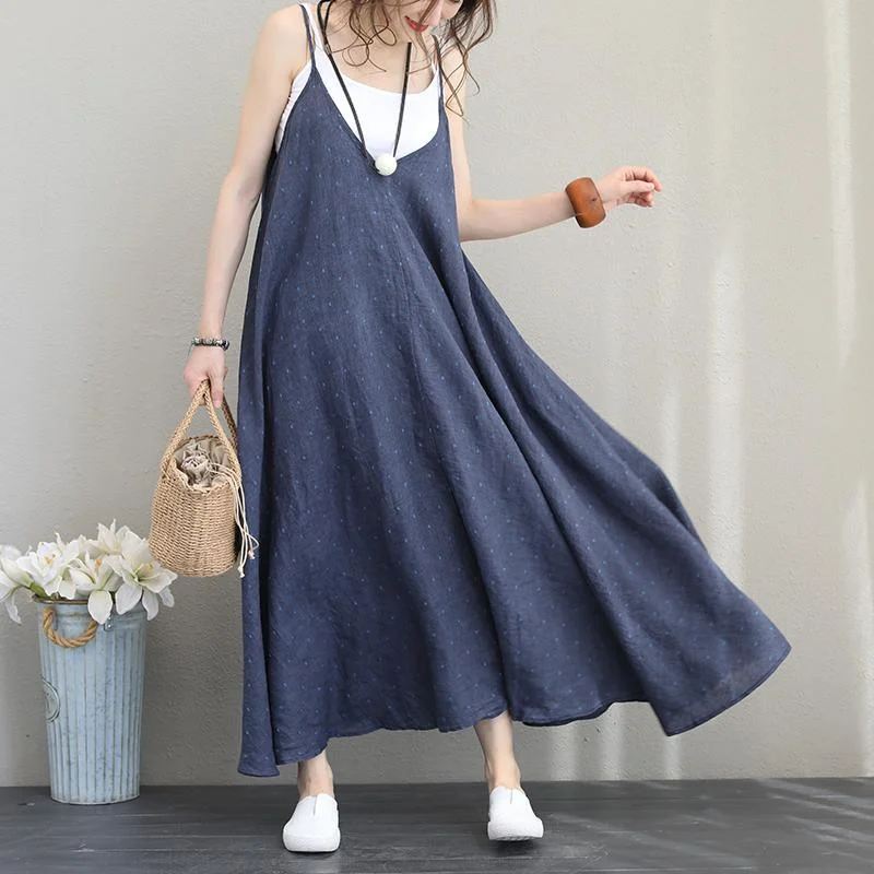 Women Blue Linen Maxi Dress Plus Size O Neck Spaghetti Strap Embroidery Linen Maxi Dress Fine Exra Large Hem Maxi Dresses