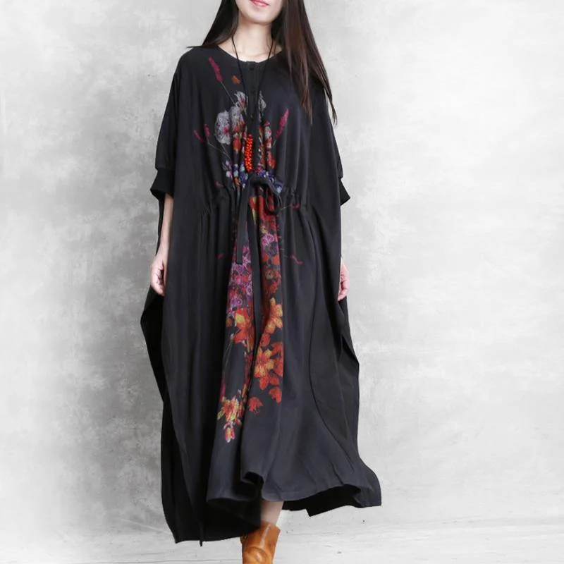 Women drawstring cotton dresses Catwalk black prints Maxi Dress fall