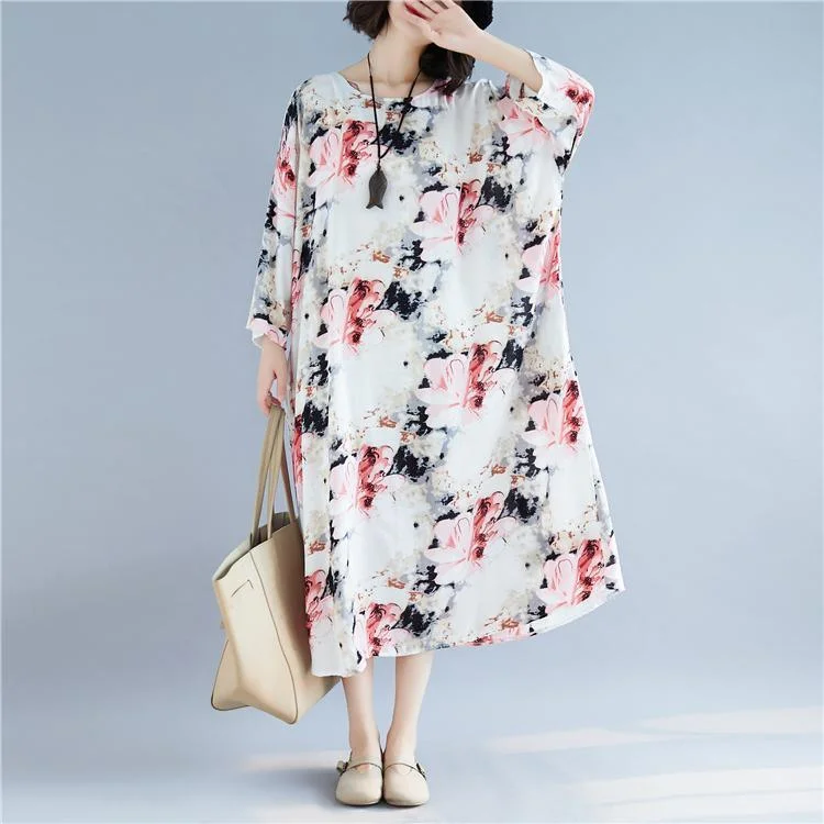 women floral cotton linen maxi dress casual o neck baggy dresses gown Elegant long sleeve dress