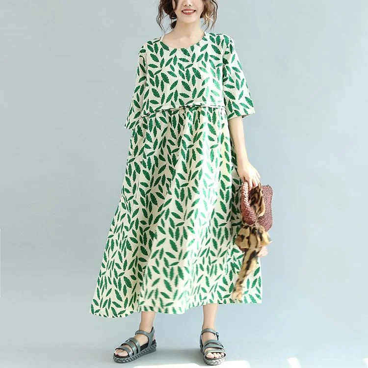 women green print linen caftans plus size clothing pleated caftans women o neck maxi dresses