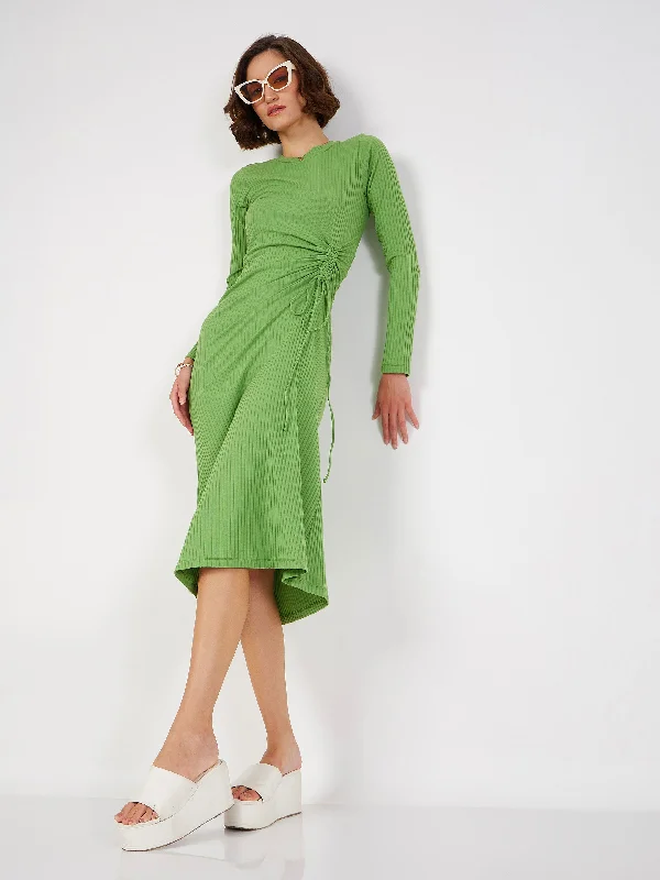 Women Green Rib Side Ruched Bodycon Midi Dress