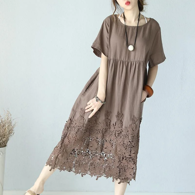 women khaki linen maxi dress Loose fitting O neck traveling dress women short sleeve baggy dresses