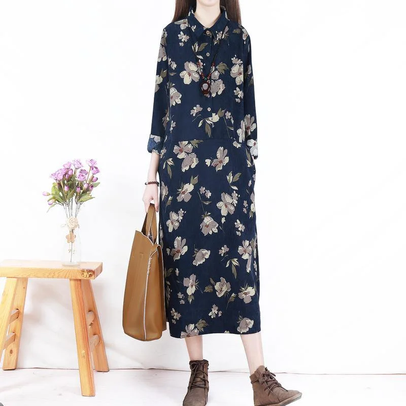 Women lapel pockets corduroy dress Boho Tutorials navy print Maxi Dresses