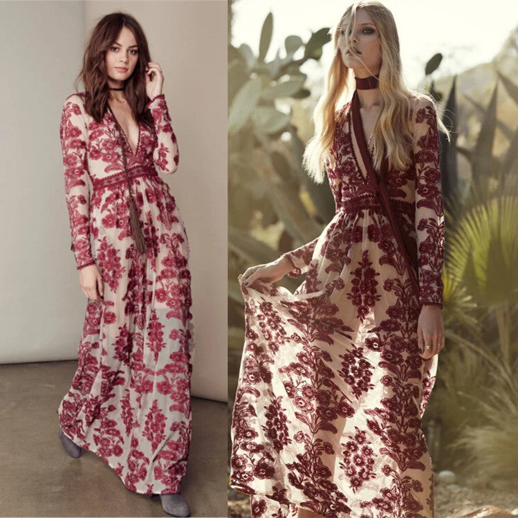 Women Love Temecula Maxi Dress In Wine Floral Embroidered Mesh Maxidress Summer See Through Deep V Neckline Sexy Beach dress