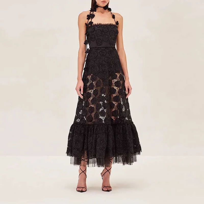 Womens Halterneck Midi Dress Lace Embroidered Floral Dress