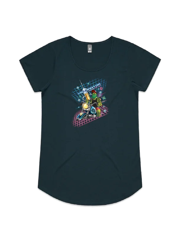Bach Brewing Womens Short Sleeve T-shirt - VaXXinator (front graphic) Embroidered Appliqued Beaded Bach Brewing Womens Short Sleeve T-shirt - VaXXinator (front graphic) Embroidered Appliqued Beaded