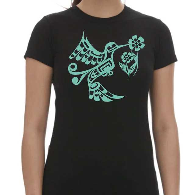 Black  With Turquoise  Ladies Hummingbird T-Shirt By Francis Dick