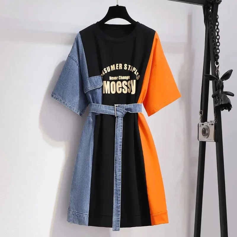 Denim Stitching T-shirt Dress Female Summer Design Sense Niche Waist Was Thin and Small Dress Mesh Blend Leather Blend Suede Blend