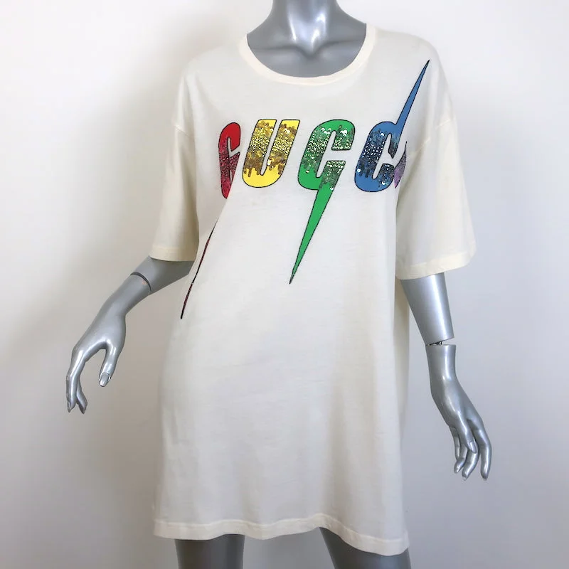 Gucci Blade Sequined Logo Oversized T-Shirt Ecru Size Large Short Sleeve Top