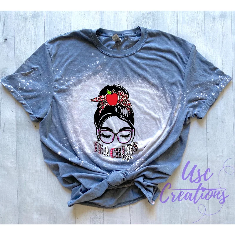 Messy Bun Teacher Life Bleached Unisex Soft Style T-Shirt Collared Crew Neck Turtle Neck