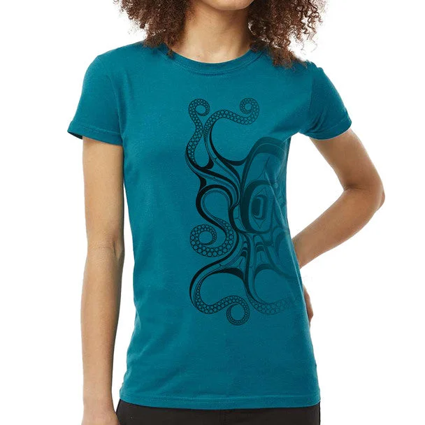 Octopus (Nuu) Ladies Teal T-Shirt by Haida artist Ernest Swanson.