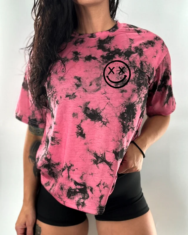 Salty Savage Ladies “OG Smile” Drop Shoulder Boyfriend Tee | Mauve Tie Dye Graphic T-Shirt Round Neck Polyester