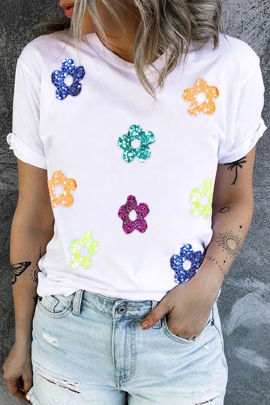 Sequin Flower Ladies T-Shirt Elegant Classic Vintage