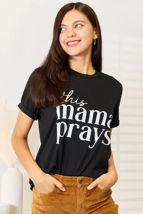 Simply Love THIS MAMA PRAYS Graphic Short Sleeve Tee V-Neck T-Shirt Long Sleeve Cotton