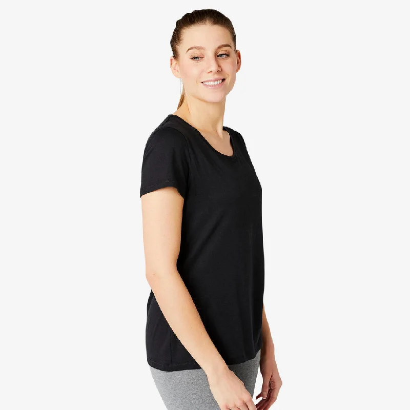 Women's Short-Sleeved Straight-Cut Crew Neck Cotton Fitness T-Shirt 500