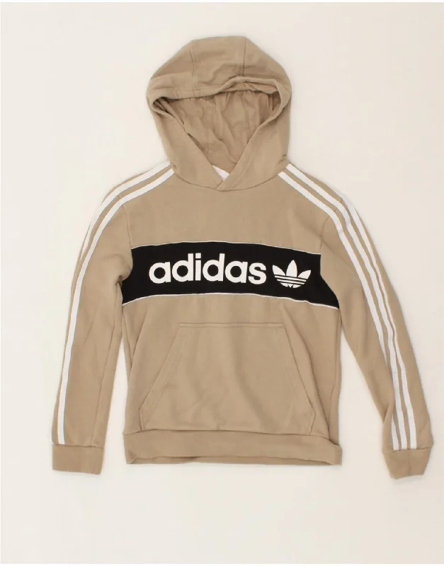 ADIDAS Boys Graphic Hoodie Jumper 9-10 Years Beige Colourblock Cotton