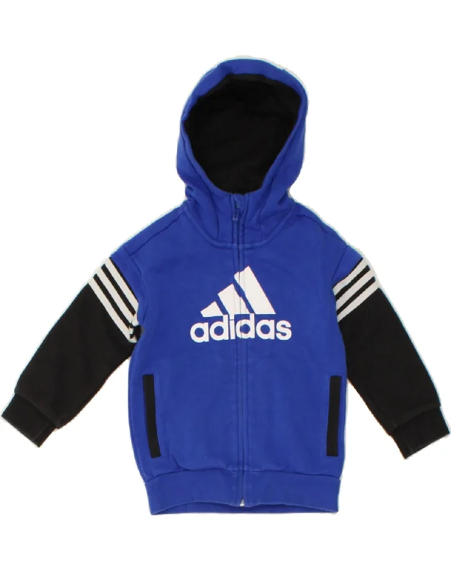 ADIDAS Boys Graphic Zip Hoodie Sweater 4-5 Years Blue Colourblock Cotton