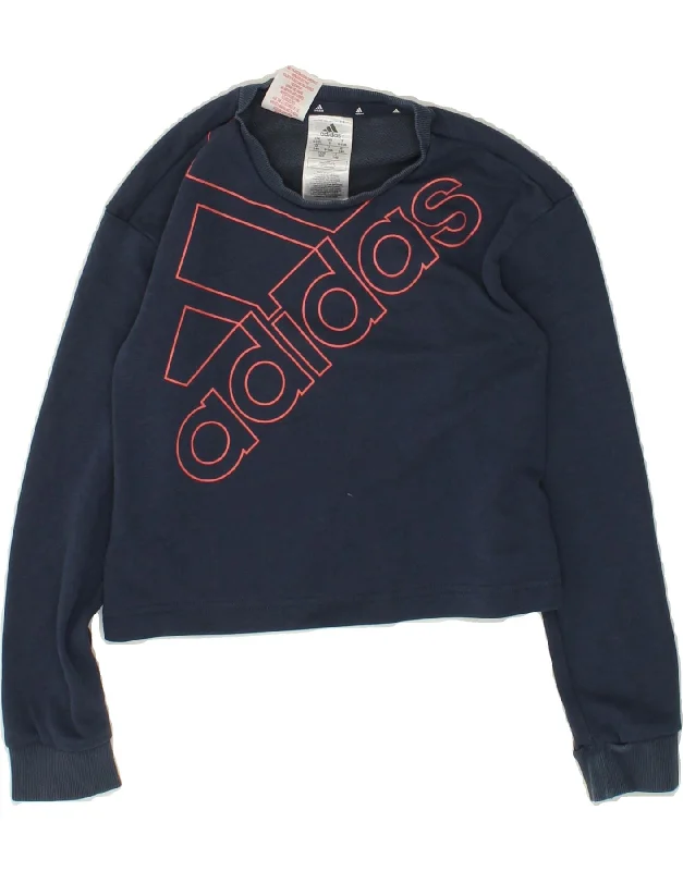 ADIDAS Girls Graphic Crop Sweatshirt Jumper 9-10 Years Navy Blue Cotton