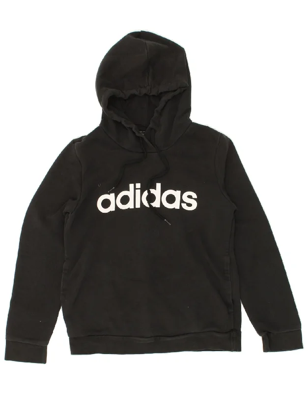 ADIDAS Womens Graphic Hoodie Jumper UK 8/10 Small Black Cotton Hoodie with Hem Applique Textured Unique ADIDAS Womens Graphic Hoodie Jumper UK 8/10 Small Black Cotton Hoodie with Hem Applique Textured Unique