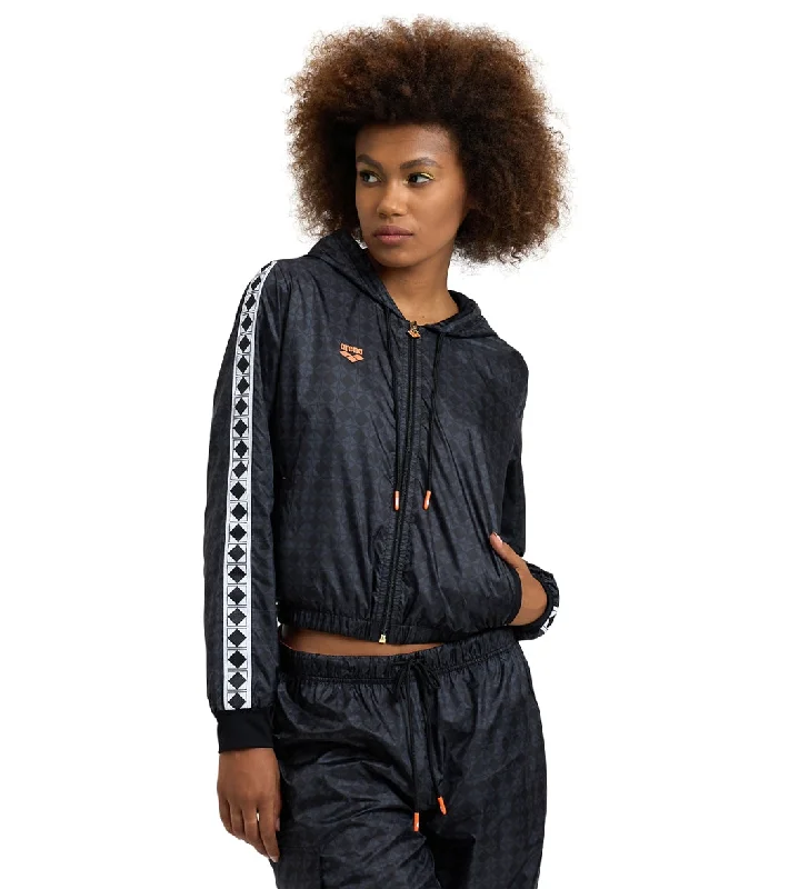 Arena Woman's 50th Anniversary Cropped Hooded Jacket Black Multi/Black/White A-Line Jacket Boat Neck Shawl Collar Arena Woman's 50th Anniversary Cropped Hooded Jacket Black Multi/Black/White A-Line Jacket Boat Neck Shawl Collar