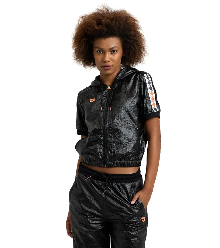 Arena Women's 50th Anniversary Black Hooded Jacket Black Multi/White/Black Zippered Front Buttoned Front Snap Front Arena Women's 50th Anniversary Black Hooded Jacket Black Multi/White/Black Zippered Front Buttoned Front Snap Front
