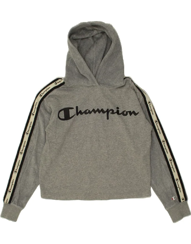 CHAMPION Girls Graphic Hoodie Jumper 11-12 Years Large Grey Hoodie with Hem Detail Decorative Unique CHAMPION Girls Graphic Hoodie Jumper 11-12 Years Large Grey Hoodie with Hem Detail Decorative Unique