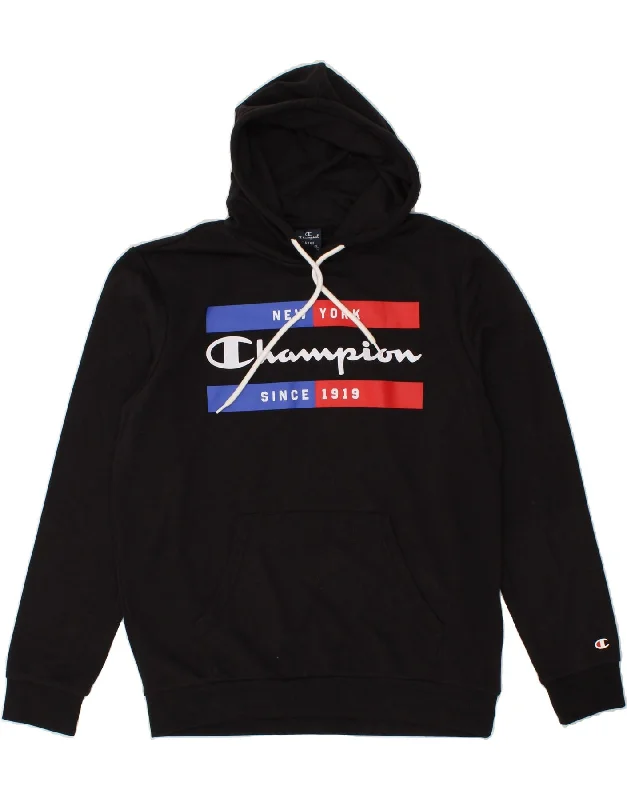 CHAMPION Mens Graphic Hoodie Jumper Large Black Cotton Hoodie with Drop Shoulder Relaxed Streetwear CHAMPION Mens Graphic Hoodie Jumper Large Black Cotton Hoodie with Drop Shoulder Relaxed Streetwear