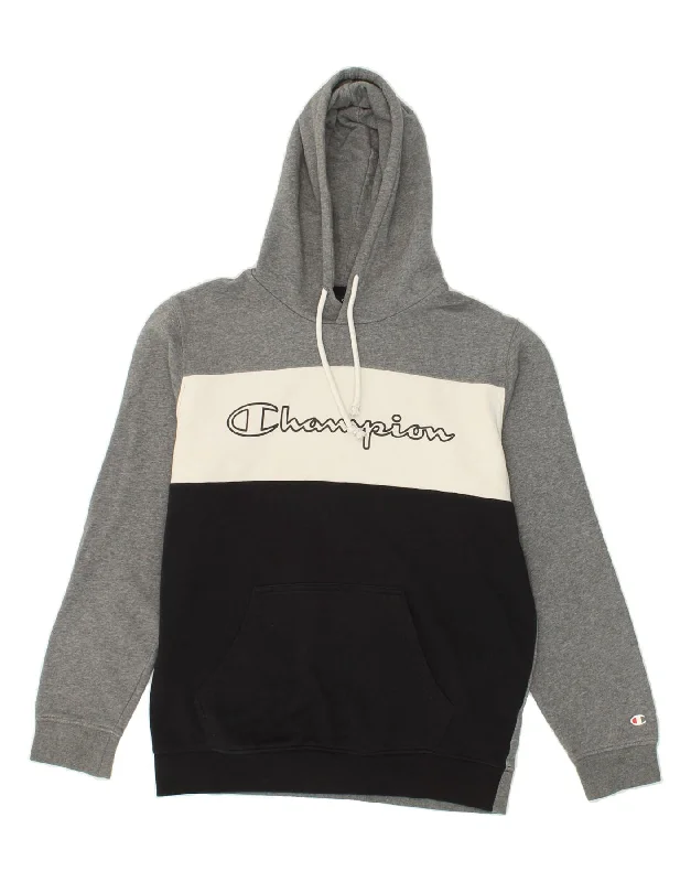 CHAMPION Mens Graphic Hoodie Jumper Medium Grey Colourblock Cotton Hoodie with Zipper Versatile Modern