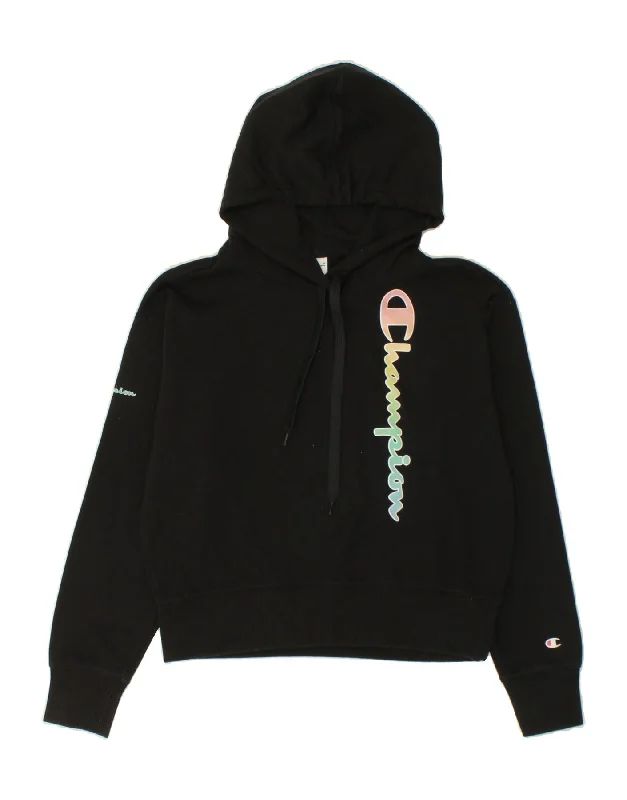 CHAMPION Womens Graphic Hoodie Jumper UK 14 Medium Black Cotton Hoodie with Snap Buttons Easy Quick CHAMPION Womens Graphic Hoodie Jumper UK 14 Medium Black Cotton Hoodie with Snap Buttons Easy Quick