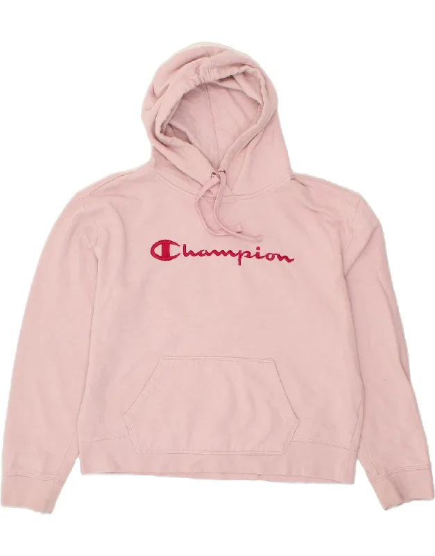 CHAMPION Womens Graphic Hoodie Jumper UK 16 Large Pink Cotton