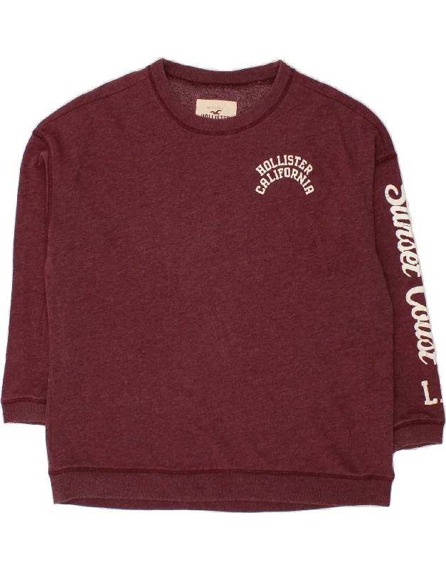 HOLLISTER Womens Graphic Sweatshirt Jumper UK 16 Large Maroon Cotton Hoodie with Embroidery Detailed Premium HOLLISTER Womens Graphic Sweatshirt Jumper UK 16 Large Maroon Cotton Hoodie with Embroidery Detailed Premium