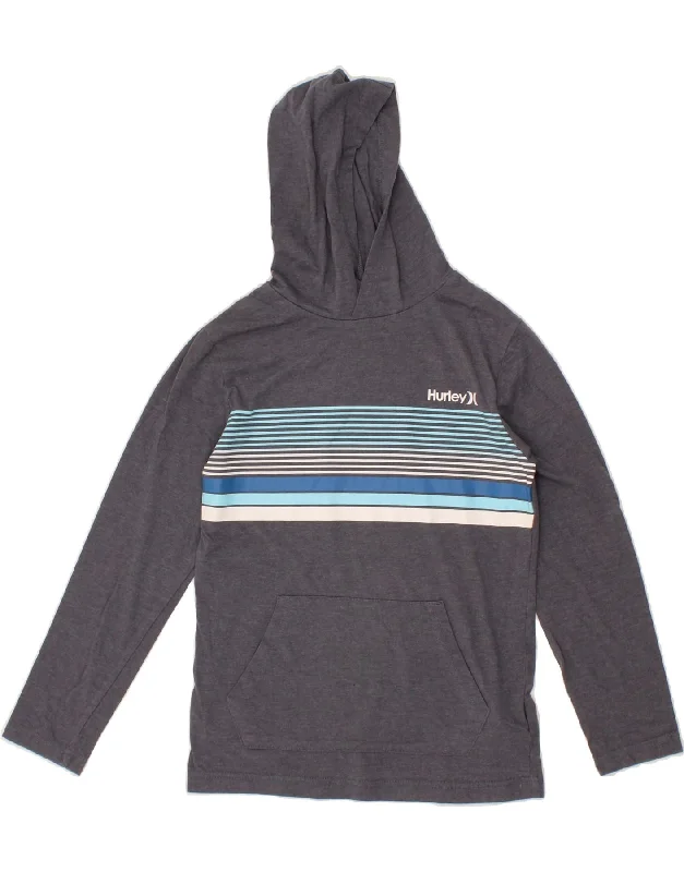 HURLEY Boys Hoodie Jumper 10-11 Years Medium Grey Striped Cotton Hoodie with Button Placket Classic Preppy HURLEY Boys Hoodie Jumper 10-11 Years Medium Grey Striped Cotton Hoodie with Button Placket Classic Preppy