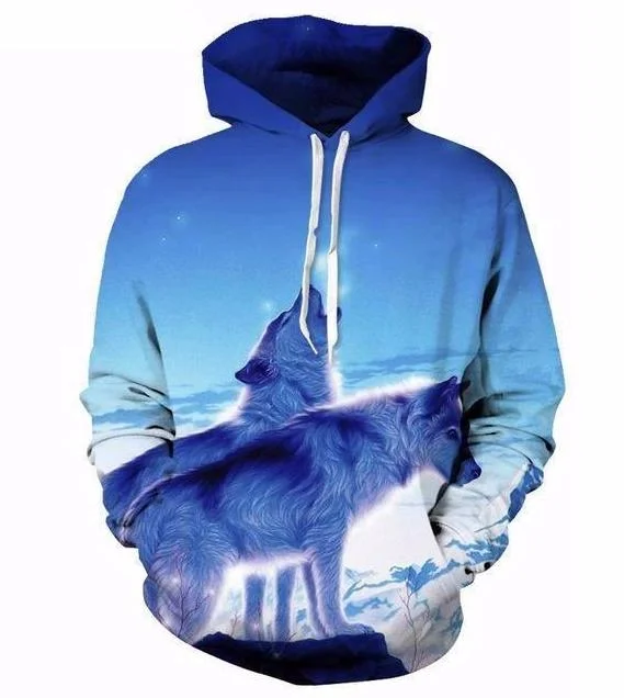Ice Howling Wolf Hoodie Hoodie with Distressed Vintage Worn