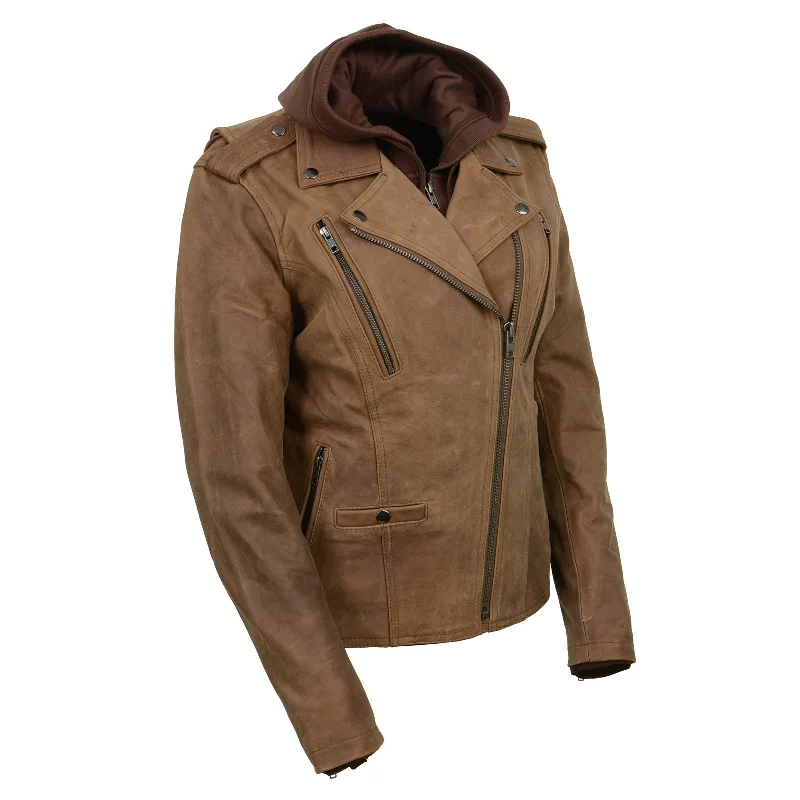 Milwaukee Leather MLL2511 Women's 'Damsel' Vintage Crazy Horse Brown Leather Jacket w/ Removable Hoodie Tailored Jacket Straight Jacket A-Line Jacket Milwaukee Leather MLL2511 Women's 'Damsel' Vintage Crazy Horse Brown Leather Jacket w/ Removable Hoodie Tailored Jacket Straight Jacket A-Line Jacket