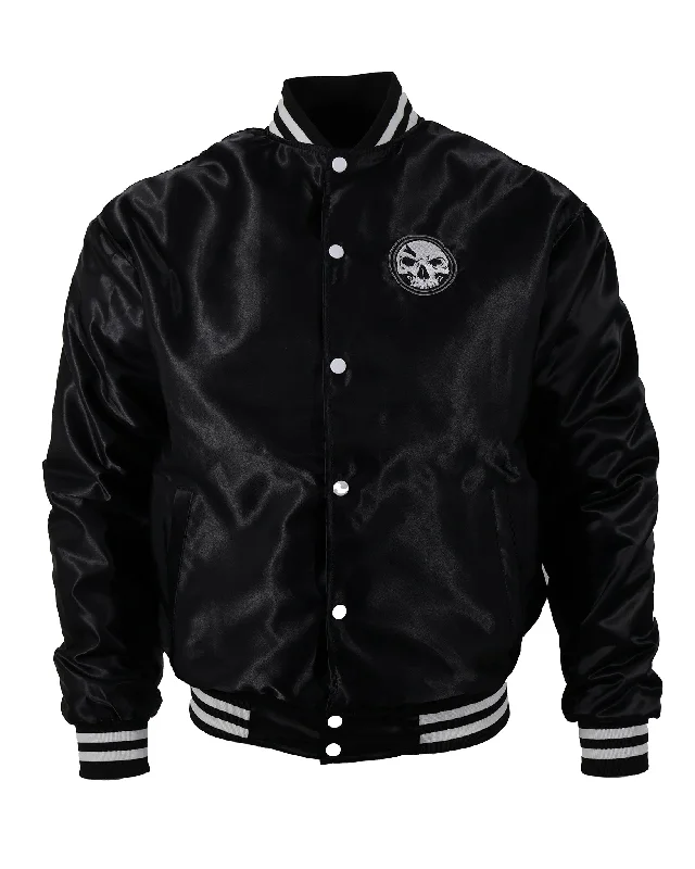 White Skull Satin Varsity Bomber Jacket Faux Fur Fabric Real Fur Fabric Shearling Fabric White Skull Satin Varsity Bomber Jacket Faux Fur Fabric Real Fur Fabric Shearling Fabric