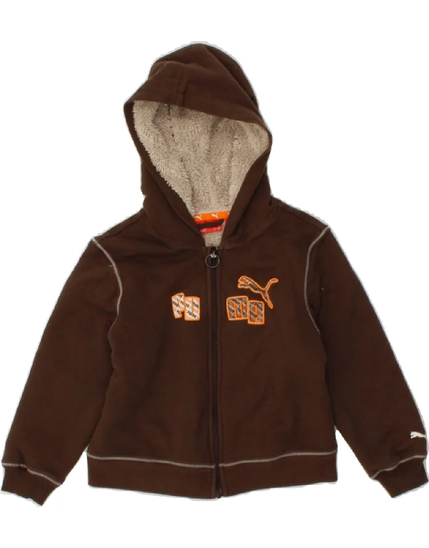 PUMA Boys Graphic Zip Hoodie Sweater 3-4 Years Brown Cotton