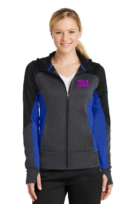 Sport-Tek Ladies Tech Fleece Colorblock Customized Full-Zip Hooded Jackets, Black/ Graphite Heather/ True Royal Belted Jacket Elasticated Jacket Padded Jacket Sport-Tek Ladies Tech Fleece Colorblock Customized Full-Zip Hooded Jackets, Black/ Graphite Heather/ True Royal Belted Jacket Elasticated Jacket Padded Jacket
