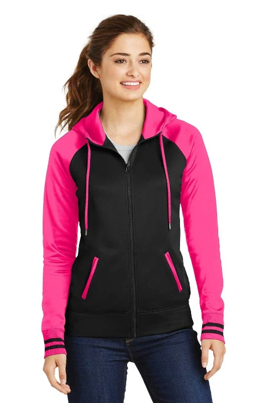 Sport-Tek LST236 Ladies Sport-Wick Varsity Fleece Full-Zip Hooded Jacket - Black Neon Pink Anorak Shell Jacket Lightweight Jacket Sport-Tek LST236 Ladies Sport-Wick Varsity Fleece Full-Zip Hooded Jacket - Black Neon Pink Anorak Shell Jacket Lightweight Jacket