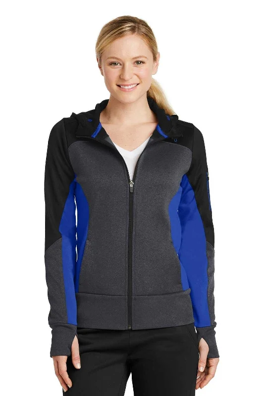 Sport-Tek LST245 Ladies Tech Fleece Colorblock Full-Zip Hooded Jacket - Black Graphite Heather True Royal Print Jacket Jacquard Jacket Patchwork Jacket Sport-Tek LST245 Ladies Tech Fleece Colorblock Full-Zip Hooded Jacket - Black Graphite Heather True Royal Print Jacket Jacquard Jacket Patchwork Jacket